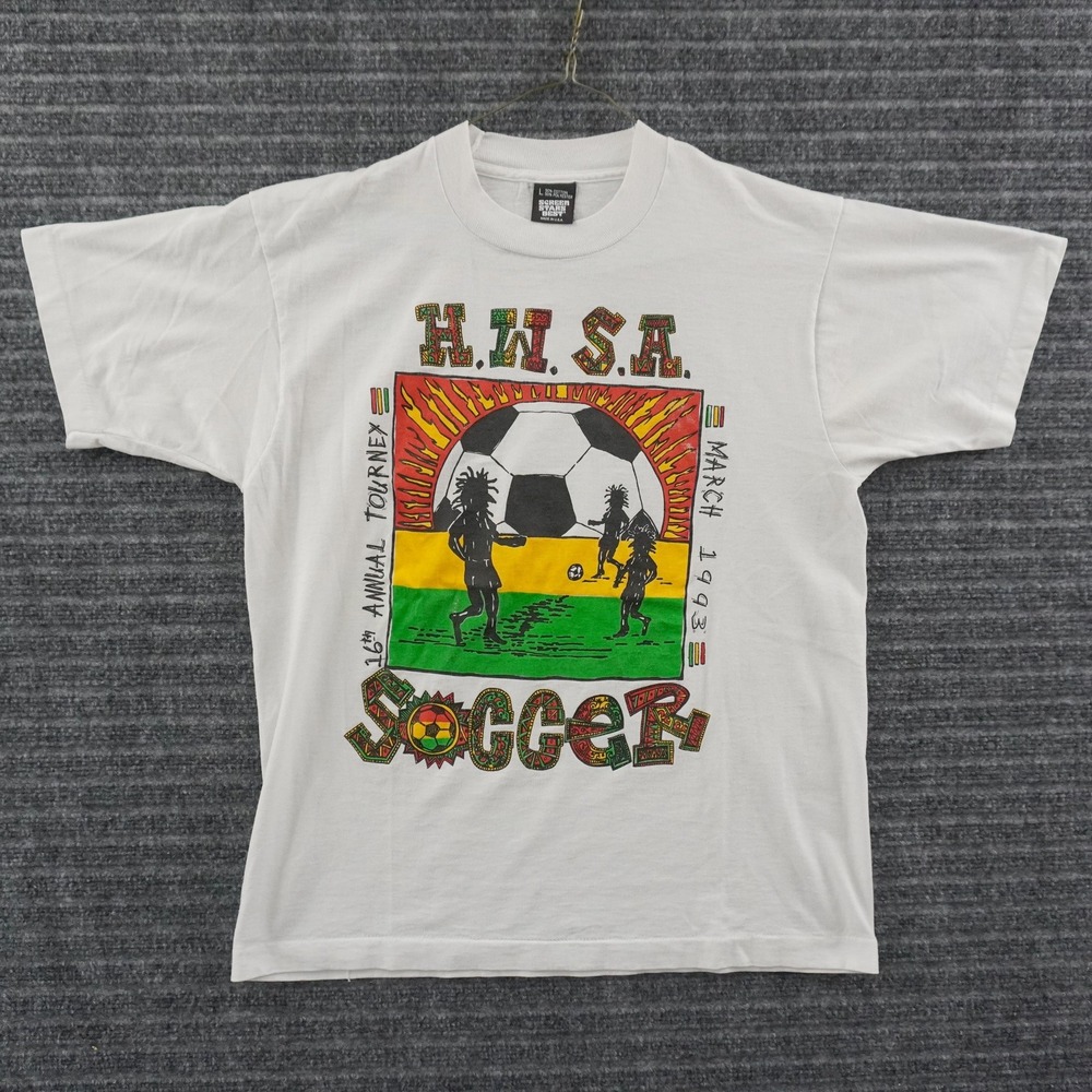 Vintage 90s Screen Stars Best Soccer T-Shirt Mens L White H.W.S.A. Graphic